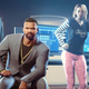 Franklin, Lamar, Chop and a new hacker character hanging out together in front of some computers.